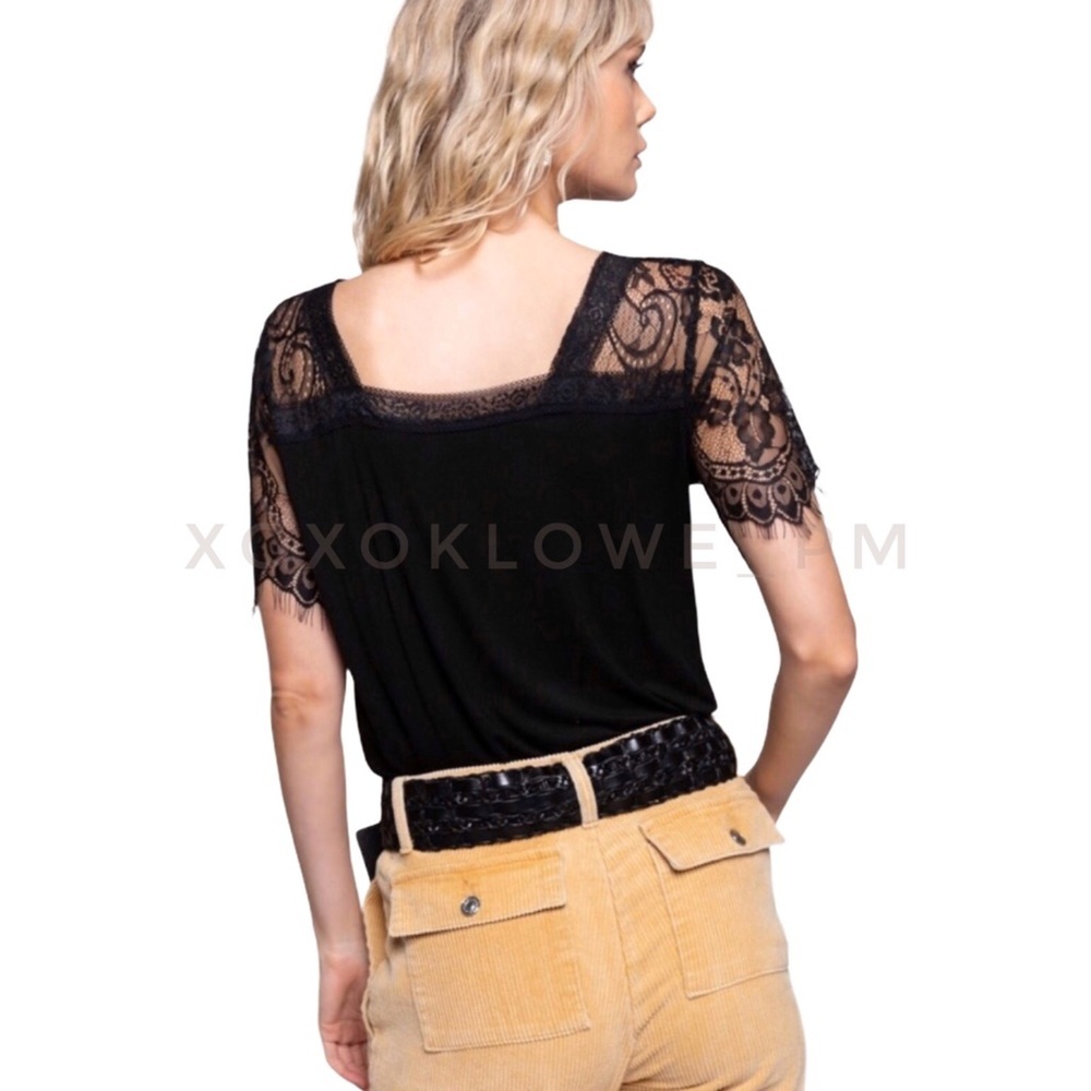 POL Black Buttery Soft V Neck Lace Sleeve Tee - Picture 7 of 10